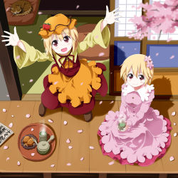 Rule 34 | 2girls, :d, aki minoriko, aki shizuha, alternate color, blonde hair, cat, cherry blossoms, female focus, flower, food, from above, fruit, green tea, hair flower, hair ornament, hat, multiple girls, open mouth, outstretched hand, petals, red eyes, ruu (tksymkw), short hair, siblings, sisters, sitting, smile, steam, strawberry, tea, touhou, tray, veranda