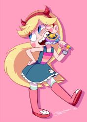 Rule 34 | 1girl, biting, blonde hair, blue eyes, boots, dress, eyelashes, fake horns, hairband, heart cheeks, horned headwear, horns, long hair, pantyhose, sakiko (gekiama), signature, solo, star butterfly, star vs the forces of evil, striped clothes, striped legwear, striped pantyhose, wand