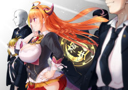 Rule 34 | 1girl, absurdres, ahoge, black jacket, bow, braid, breasts, brooch, demon tail, dragon girl, dragon horns, emblem, hand on own hip, highres, hololive, horns, jacket, jewelry, kiryu coco, kiryu coco (1st costume), large breasts, long hair, necktie, open clothes, open jacket, orange hair, pointy ears, purple eyes, red skirt, rudo (rudoes3121), ryoushi chicken soup grass big chungus, skirt, tail, virtual youtuber