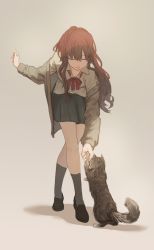 Rule 34 | 1girl, ahoge, bent over, black skirt, bow, bowtie, brown hair, cardigan, cat, closed eyes, commentary, full body, highres, holding paw, ichinose shiki, idolmaster, idolmaster cinderella girls, kneehighs, loafers, long hair, off shoulder, open cardigan, open clothes, pleated skirt, red bow, red bowtie, shioda (shioda 5), shirt, shoes, simple background, skirt, socks, solo, wavy hair, white shirt
