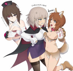 Rule 34 | 3girls, anger vein, animal collar, animal ears, animal hands, animal nose, arm around back, bandage over one eye, bandaged arm, bandages, bandeau, black cape, black headwear, black legwear, blood, bloody bandages, blue eyes, blush, breasts, brown eyes, brown hair, brown skirt, cape, cleavage, collar, dress shirt, fake animal ears, fake tail, front-tie top, frown, girls und panzer, gloves, grimace, groin, halloween, halloween costume, hat, high collar, highres, itsumi erika, large breasts, leaning forward, leg up, looking at another, looking at viewer, medium breasts, medium hair, miniskirt, multiple girls, navel, nishizumi maho, nishizumi miho, nurse cap, open mouth, paw gloves, paw shoes, pencil skirt, purple skirt, red cape, red collar, sarashi, sharp teeth, shirt, shoes, short hair, siblings, side slit, silver hair, simple background, sisters, skirt, smile, standing, standing on one leg, sweatdrop, tail, teeth, thighhighs, torn clothes, torn skirt, translation request, two-sided cape, two-sided fabric, vampire costume, wata do chinkuru, white background, white neckwear, white shirt