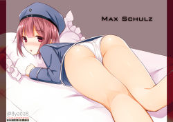 Rule 34 | 10s, 1girl, ass, bad id, bad pixiv id, beret, blush, brown eyes, brown hair, character name, clothes writing, dress, hat, kantai collection, looking at viewer, lying, on stomach, open mouth, panties, pillow, sailor collar, sailor dress, sailor hat, short hair, solo, twitter username, underwear, yadapot, z3 max schultz (kancolle)