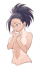 Rule 34 | 1girl, :o, black eyes, black hair, blush, boku no hero academia, breast press, breasts, collarbone, commentary request, cropped torso, hands up, highres, large breasts, looking down, navel, nude, open mouth, ponytail, simple background, solo, tan, tonomayo, upper body, white background, yaoyorozu momo