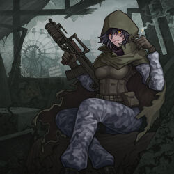 Rule 34 | 1girl, abandoned, absurdres, ammunition pouch, assault rifle, bag, black hair, black scarf, body armor, broken glass, broken window, building, bullpup, camouflage, camouflage pants, cape, cigarette, cloak, collateral damage, ferris wheel, glass, gloves, gp-25, green cloak, grenade launcher, gun, highres, holding, holding cigarette, hood, hood up, indoors, looking at viewer, original, ots-14 groza, overgrown, pants, plank, pouch, pripyat, radiation symbol, rifle, satchel, scarf, shaded face, smile, smoke, smoking, soldier, solo focus, soulless sketch, stalker (game), torn cape, torn clothes, underbarrel grenade launcher, weapon, wood, wreckage, yellow eyes