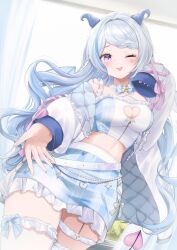 Rule 34 | 1girl, belt, blue bow, blue hair, blue horns, blue skirt, blue wings, bow, cleavage cutout, clothing cutout, commission, curtains, demon tail, demon wings, grey bow, grey hair, highres, horns, indoors, jacket, kawada yuyura, kurage cc, long hair, looking at viewer, multicolored hair, original, purple eyes, skeb commission, skirt, star ornament, tail, thigh strap, thighs, tongue, tongue out, virtual youtuber, white jacket, window, wings