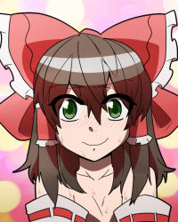 Rule 34 | 1girl, bare shoulders, blush, bow, brown hair, collarbone, detached sleeves, face, female focus, green eyes, hair bow, hair tubes, hakurei reimu, highres, jeno, solo, touhou, wavy mouth