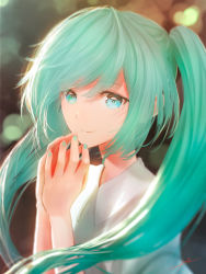 Rule 34 | 1girl, blouse, blurry, collared shirt, depth of field, hair between eyes, hands up, hatsune miku, highres, looking at viewer, ojay tkym, shirt, smile, solo, white shirt