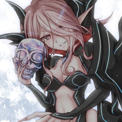 Rule 34 | 10s, 1girl, armor, blush, breasts, cardfight!! vanguard, cleavage, fingernails, grey eyes, grin, long fingernails, looking at viewer, navel, pink hair, pointy ears, shadow paladin, shintani tsushiya, skull, skull witch nemain, smile, solo