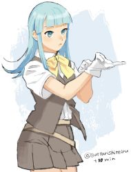 Rule 34 | 1girl, adjusting clothes, adjusting gloves, bad id, bad twitter id, blue eyes, blue hair, blunt bangs, gloves, grey skirt, grey vest, guttarishiteiru, hatsukaze (kancolle), highres, kantai collection, light blue hair, long hair, one-hour drawing challenge, pleated skirt, school uniform, shirt, short sleeves, simple background, skirt, solo, twitter username, two-tone background, vest, white gloves, white shirt, yellow neckwear