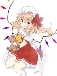 Rule 34 | 1girl, :d, ascot, back bow, blonde hair, blush, bow, collared shirt, crystal, fang, flandre scarlet, foot out of frame, frilled shirt collar, frilled skirt, frilled sleeves, frills, hair between eyes, hat, hat ribbon, highres, holding, holding stuffed toy, looking at viewer, lower teeth only, medium hair, mob cap, one side up, open mouth, puffy short sleeves, puffy sleeves, red eyes, red ribbon, red skirt, red vest, ribbon, shirt, short sleeves, simple background, skirt, skirt set, smile, solo, stuffed animal, stuffed toy, teddy bear, teeth, tosakaoil, touhou, vest, wavy hair, white background, white bow, white hat, white shirt, wings, wrist cuffs, yellow ascot