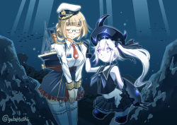 Rule 34 | 10s, 2girls, abyssal ship, bare shoulders, blonde hair, destroyer princess, closed eyes, garter straps, glasses, hat, kantai collection, long hair, machinery, multiple girls, neckerchief, necktie, no panties, original, pale skin, personification, pince-nez, rms titanic, side ponytail, skirt, skirt set, sogabe toshinori, thighhighs, torn clothes, torn skirt, union jack, white eyes, white hair, white legwear