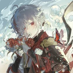 Rule 34 | 1boy, armor, bandaged hand, bandages, bubble, bug, butterfly, cloud, day, flower, flower over mouth, genshin impact, hair between eyes, highres, holding, holding flower, insect, japanese armor, japanese clothes, kaedehara kazuha, male focus, multicolored hair, outdoors, persimmon (lsxh3), ponytail, red eyes, red flower, red hair, sky, solo, streaked hair, upper body, white flower