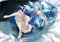Rule 34 | 1girl, absurdres, alternate hair length, alternate hairstyle, bare legs, barefoot, bloomers, blue bow, blue dress, blush, bow, cirno, closed mouth, commentary, detached wings, dress, frilled sleeves, frills, from above, full body, hair between eyes, hair bow, highres, ice, ice wings, kana616, long hair, neck ribbon, night, night sky, outdoors, outstretched arms, pinafore dress, red ribbon, reflection, ribbon, ripples, short sleeves, sky, sleeveless dress, smile, snow, solo, spanish commentary, star (sky), starry sky, touhou, underwear, upskirt, very long hair, water, wings