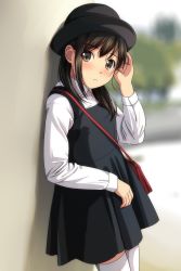 Rule 34 | 1girl, absurdres, bag, black dress, black hair, black hat, blurry, blurry background, blush, bowler hat, brown eyes, collared shirt, day, depth of field, dress, hair between eyes, hand up, hat, highres, long sleeves, matsunaga kouyou, nose blush, original, outdoors, parted lips, pinafore dress, pleated dress, shirt, shoulder bag, sleeveless, sleeveless dress, sleeves past wrists, solo, thighhighs, white shirt, white thighhighs