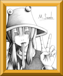 Rule 34 | 1girl, bad id, bad pixiv id, bags under eyes, character name, constricted pupils, female focus, framed, graphite (medium), hane (azelye), hat, long tongue, monochrome, moriya suwako, portrait, sidelocks, solo, tongue, tongue out, touhou, traditional media, v, wide-eyed