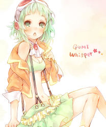 Rule 34 | 1girl, :o, ameiro, arm support, bad id, bad pixiv id, blush, breasts, brooch, cleavage, female focus, goggles, gradient background, green eyes, green hair, green skirt, gumi, gumi (v3 megpoid), jacket, jewelry, looking at viewer, matching hair/eyes, miniskirt, navel, pleated skirt, short hair, sitting, skirt, small breasts, solo, striped clothes, striped skirt, suspenders, tank top, vocaloid, white background