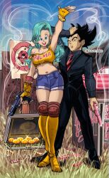 Rule 34 | 1boy, 1girl, black hair, blonde hair, blue eyes, blue hair, breasts, bulma, car, character name, cleavage, day, dragon ball (object), dragonball z, earrings, expressionless, formal, frieza, full body, gloves, grass, grin, gun, hand up, highres, jewelry, long hair, looking at viewer, medium breasts, midriff, motor vehicle, navel, necklace, open mouth, shorts, smile, smoke, standing, suit, suitcase, vegeta, weapon