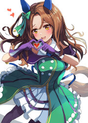 Rule 34 | 1girl, :d, blush, bow, brown eyes, brown hair, buttons, double-breasted, dress, ear covers, gloves, green dress, hair bow, hanamura pink, heart, heart hands, highres, horse girl, horse tail, king halo (umamusume), long hair, off-shoulder dress, off shoulder, open mouth, pantyhose, pleated skirt, purple gloves, skirt, smile, solo, tail, umamusume, white skirt