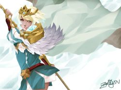 Rule 34 | 1girl, absurdres, armor, blonde hair, blue eyes, cape, crown, feathers, fire emblem, fire emblem heroes, fjorm (fire emblem), highres, holding, holding spear, holding weapon, ice, looking at viewer, nintendo, pauldrons, polearm, short hair, shoulder armor, solo, spear, weapon
