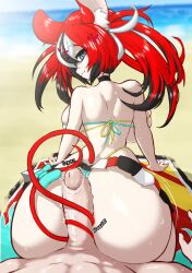 Rule 34 | 1boy, 1girl, absurdres, animal ears, ass, back, backboob, beach, bikini, black hair, blue eyes, bow, breasts, buttjob, choker, from behind, hakos baelz, highres, holocouncil, hololive, hololive english, huge ass, large breasts, large penis, long hair, looking at viewer, looking back, mouse ears, mouse girl, mouse tail, multicolored hair, narrow waist, penis, pov, red hair, skirt, sweat, swimsuit, tail, tailjob, twintails, uncensored, white hair, xelsword