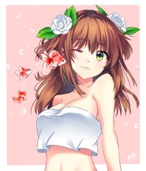 Rule 34 | 1girl, absurdres, air bubble, artist name, bare arms, bare shoulders, blouse, border, breasts, brown hair, bubble, cleavage, commentary, crop top, crop top overhang, english commentary, fish, flower, green eyes, hair between eyes, hair flower, hair ornament, highres, leaf, light smile, long hair, looking at viewer, medium breasts, midriff, one eye closed, original, outside border, pink background, rose, shirt, signature, simple background, solo, stomach, strapless, tube top, two side up, upper body, white border, white flower, white rose, white shirt, yaya chan