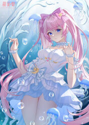 Rule 34 | 1girl, absurdres, air bubble, blue bow, blue eyes, bow, breasts, bubble, choker, closed mouth, collarbone, cowboy shot, detached sleeves, dress, dress bow, frilled wristband, gem, hair between eyes, hair bow, hair ornament, hairclip, hands up, highres, jellyfish, jewelry, lace, lace choker, layered dress, long hair, looking at viewer, medium breasts, original, pearl (gemstone), pink bow, pink hair, sidelocks, solo, sunlight, thighs, twintails, underwater, very long hair, white dress, wristband, xizi1111