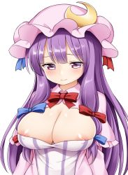 Rule 34 | 1girl, blush, breasts, cleavage, closed mouth, crescent, crescent pin, dress, hat, highres, large breasts, long hair, looking down, mob cap, nipples, paid reward available, patchouli knowledge, purple eyes, purple hair, purple hat, simple background, solo, striped clothes, striped dress, suwa yasai, touhou, upper body, vertical-striped clothes, vertical-striped dress, white background