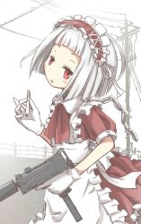 Rule 34 | 1girl, apron, barbed wire, blunt bangs, chain, cigarette, dress, frills, gloves, gun, hairband, head tilt, highres, holding, holding cigarette, looking at viewer, mac-10/11, maid headdress, original, power lines, puffy sleeves, qt project, red theme, ribbon, short sleeves, simple background, solo, submachine gun, suppressor, trigger discipline, weapon, white background, white gloves, white hair, white theme