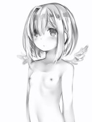 Rule 34 | 1girl, amane kanata, angel wings, arms at sides, bad id, bad twitter id, blush, bob cut, breast conscious, breasts, closed mouth, empty eyes, feathered wings, greyscale, highres, hololive, mini wings, monochrome, nanashi (nlo), nipples, simple background, single hair intake, small breasts, solo, upper body, virtual youtuber, white background, wings
