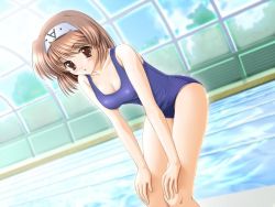 Rule 34 | 1girl, bent over, breasts, brown eyes, brown hair, cleavage, dutch angle, game cg, hairband, hands on own knees, indoors, jpeg artifacts, leaning forward, medium breasts, new school swimsuit, non-web source, one-piece swimsuit, pool, school swimsuit, short hair, solo, sukumizu ~fecchi ni narumon!~, swimsuit, window