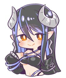 Rule 34 | 1girl, black hair, black jacket, black tube top, blue eyes, blush, breasts, bright pupils, brown eyes, chaki (teasets), chibi, cleavage, closed mouth, commentary request, curled horns, demon horns, grey horns, hair between eyes, hand on own chest, hebiyoi tier, hebiyoi tier (1st costume), horns, jacket, long hair, looking at viewer, medium breasts, nanashi inc., off shoulder, simple background, smile, solo, strapless, sugar lyric, transparent background, tube top, upper body, virtual youtuber, white pupils