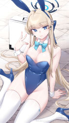 Rule 34 | 1girl, animal ears, awono nanaumi, bare shoulders, blonde hair, blue archive, blue bow, blue eyes, blue hairband, blue leotard, bow, braid, breasts, briefcase, cleavage, closed mouth, commentary request, earpiece, fake animal ears, french braid, hairband, halo, hand up, high heels, highleg, highleg leotard, highres, leotard, long hair, medium breasts, microphone, official alternate costume, official alternate hairstyle, playboy bunny, rabbit ears, signature, sitting, thighhighs, thighs, tile floor, tiles, toki (blue archive), toki (bunny) (blue archive), v, very long hair, wariza, white thighhighs
