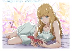 Rule 34 | 1girl, aqua eyes, bare legs, bare shoulders, barefoot, blunt bangs, book, carole &amp; tuesday, commentary, copyright name, dated, freckles, full body, highres, holding, holding book, light brown hair, lipstick, long hair, looking at viewer, loungewear, lying, makeup, nail polish, nii manabu, on bed, on side, open book, reading, signature, smile, solo, tuesday simmons
