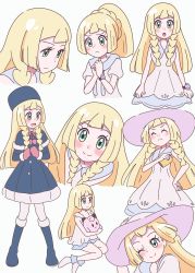 Rule 34 | 1girl, alternate costume, bad id, bad twitter id, blonde hair, blush, boots, braid, character doll, clefairy, closed eyes, closed mouth, commentary request, creatures (company), dress, eyelashes, frown, game freak, gen 1 pokemon, gloves, green eyes, hand on headwear, hand on own hip, hat, highres, holding, lillie (pokemon), long hair, looking at viewer, miin (toukotouya), multiple views, nintendo, one eye closed, open mouth, own hands together, pink gloves, pink ribbon, pokemon, pokemon (anime), pokemon (creature), pokemon sm (anime), ponytail, ribbon, short sleeves, sleeveless, sleeveless dress, smile, standing, tongue, twin braids, white background, white dress