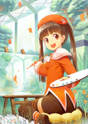 Rule 34 | 1girl, art brush, brown hair, bug, butterfly, canvas (object), easel, flower, greenhouse, hat, highres, bug, kanini, oekaki musume, orange eyes, original, paint, paintbrush, painting (action), palette (object), pillow, smile, solo, thighhighs, tree, twintails