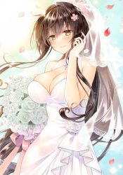 Rule 34 | 1girl, alternate costume, bouquet, breasts, bridal veil, bride, brown eyes, brown hair, cherry blossoms, cleavage, dress, flower, fujiwara minaho, hair between eyes, hair flower, hair intakes, hair ornament, highres, holding, holding bouquet, kantai collection, large breasts, long hair, ponytail, sidelocks, sleeveless, sleeveless dress, smile, solo, veil, very long hair, wedding dress, white dress, white flower, white veil, yamato (kancolle)
