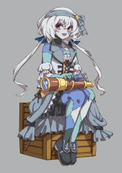 Rule 34 | 1girl, :d, black footwear, blue skin, colored skin, crate, dress, frilled dress, frills, grey background, grey skin, hairband, highres, konno junko, looking at viewer, low twintails, open mouth, red eyes, silver hair, sitting, smile, somasoutaro, spyglass, stitches, twintails, white hairband, zombie, zombie land saga