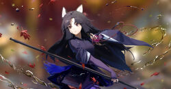 Rule 34 | 1girl, animal ears, arknights, armor, beads, black hair, black kimono, blue tail, blurry, blurry background, brown eyes, cowboy shot, dog ears, dog girl, dog tail, e hun touzi, elbow gloves, facial mark, fingerless gloves, forehead mark, gloves, hand up, highres, holding, holding weapon, japanese armor, japanese clothes, kimono, kusazuri, leaf, light particles, long hair, looking to the side, parted lips, purple gloves, saga (arknights), sleeves pushed up, solo, standing, tail, water, weapon, wide sleeves