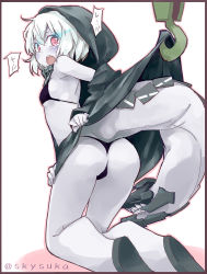 Rule 34 | 10s, 1girl, abyssal ship, ass, bare shoulders, bikini, black bikini, breasts, crane (machine), eye trail, hood, hoodie, kantai collection, kneeling, light trail, looking at viewer, looking back, monster girl, open mouth, pale skin, re-class battleship, red eyes, scarf, short hair, small breasts, solo, striped clothes, striped scarf, suka, surprised, swimsuit, tail, tears, twitter username, undressing, white hair