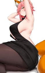 Rule 34 | 1girl, absurdres, animal ear fluff, animal ears, arind yudha, armpits, arms up, backless outfit, bare shoulders, black sweater, breasts, brown pantyhose, fate/extra, fate (series), fox ears, fox girl, fox tail, hair between eyes, highres, large breasts, long hair, looking at viewer, meme attire, pantyhose, pink hair, sideboob, sidelocks, smile, solo, sweater, tail, tamamo (fate), tamamo no mae (fate/extra), virgin killer sweater, yellow eyes