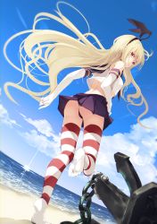 Rule 34 | 1girl, :&lt;, alternate eye color, anchor, ass, bare shoulders, beach, black hairband, black panties, blonde hair, blue sailor collar, blue sky, chain, cloud, commentary request, day, elbow gloves, fisheye, from behind, gloves, hairband, highres, horizon, huge ass, kantai collection, leg up, long hair, looking at viewer, looking back, miniskirt, ocean, outdoors, panties, pantyshot, pleated skirt, purple skirt, red eyes, running, sailor collar, shimakaze (kancolle), shirt, skirt, sky, soles, solo, striped clothes, striped thighhighs, suwakana, thighhighs, underwear, upskirt, very long hair, water, white gloves, white shirt