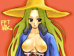 Rule 34 | 1girl, black mage, black mage (fft), black mage (final fantasy), blonde hair, breasts, brown eyes, cleavage, final fantasy, final fantasy tactics, gradient background, hat, jacket, large breasts, long sleeves, looking at viewer, open clothes, open jacket, pasties, red background, sash, simple background, solo, upper body, witch hat