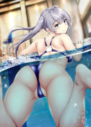 Rule 34 | 1girl, ass, back, bare shoulders, barefoot, blue eyes, blue one-piece swimsuit, blurry, blurry background, blush, bubble, competition swimsuit, from behind, gentsuki, grey hair, highres, indoors, kimi omou koi, kuroe (kimi omou koi), long hair, looking back, one-piece swimsuit, partially submerged, partially underwater shot, partially visible vulva, pool, shoulder blades, sidelocks, solo, swimming, swimsuit, twintails, underwater, wet