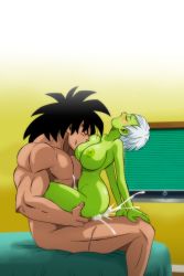 Rule 34 | 1boy, 1girl, alien, bed, blush, breast sucking, breasts, broly (dragon ball super), censored, cheelai, colored skin, cowgirl position, cum, dragon ball, dragon ball super, dragon ball super broly, ejaculation, green skin, hetero, highres, interspecies, large breasts, mosaic censoring, muscular, nipples, nude, scar, straddling, vaginal, white hair, yamamoto doujin