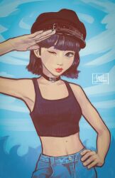 Rule 34 | 1girl, absurdres, april jubilees, artist name, black collar, black hat, black tank top, blue pants, breasts, cloud, collar, commentary, denim, english commentary, grey eyes, hand on own hip, hat, highres, jeans, k-pop, kim chae-won, le sserafim, looking to the side, midriff, mole, mole on stomach, navel, one eye closed, pants, real life, red lips, salute, sky, small breasts, smile, solo, tank top