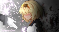 Rule 34 | 1boy, 1girl, apron, armor, beckoning, black butterfly, blonde hair, blush, bug, butterfly, chatan nakiri (tenka hyakken), closed mouth, commentary, crying, english text, from side, gloves, glowing butterfly, hairband, insect, kappougi, long sleeves, mikanbako320, no eyes, short hair, shoulder armor, streaming tears, tears, tenka hyakken, upper body, white gloves