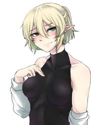 Rule 34 | 1girl, arm warmers, bare shoulders, blonde hair, blush, green eyes, halterneck, highres, mizuhashi parsee, nicutoka, pointy ears, short hair, smile, solo, tears, touhou, transparent background