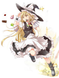 Rule 34 | 1girl, blonde hair, braid, candle, chocolate, colored eyelashes, efe, female focus, hat, heart, kirisame marisa, long hair, mouth hold, revision, running, sack, shading eyes, simple background, single braid, solo, standing, standing on one leg, star (symbol), touhou, valentine, witch hat