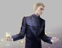 Rule 34 | 1boy, alcohol, bad id, bad pixiv id, black hair, blonde hair, cup, cupping glass, drinking glass, fate/zero, fate (series), gloves, grey background, hair slicked back, kayneth archibald el-melloi, male focus, penicillin09, realistic, solo, white gloves, wine, wine glass