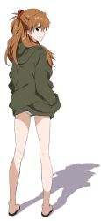 Rule 34 | 1girl, @shun, ass, bare legs, blue eyes, brown hair, evangelion: 3.0+1.0 thrice upon a time, expressionless, green jacket, hair between eyes, highres, interface headset, jacket, long hair, looking at viewer, looking back, neon genesis evangelion, no pants, rebuild of evangelion, shadow, simple background, solo, souryuu asuka langley, standing, twintails, two side up, white background